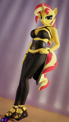 Size: 2160x3840 | Tagged: safe, artist:shadowboltsfm, imported from derpibooru, sunset shimmer, anthro, plantigrade anthro, unicorn, 3d, 4k, blender, bra, bracelet, breasts, clothes, corset, feet, female, hand on hip, high heels, high res, jewelry, looking at you, not sfm, sandals, sexy, shoes, smiling, wedge heel