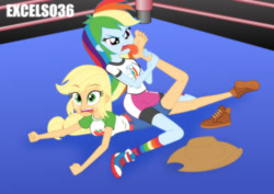 Size: 935x661 | Tagged: safe, artist:excelso36, imported from derpibooru, applejack, rainbow dash, human, equestria girls, barefoot, clothes, concerned, feet, female, fetish, foot fetish, foot worship, gym shorts, lesbian, licking, licking foot, no socks, rainbow socks, reference, shipping, shorts, simple background, socks, spongebob reference, spongebob squarepants, sports, sports shorts, striped socks, the fry cook games, tongue out, wrestling