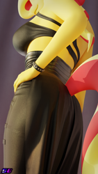 Size: 2160x3840 | Tagged: safe, artist:shadowboltsfm, imported from derpibooru, sunset shimmer, anthro, plantigrade anthro, 3d, 4k, blender, bra, breasts, clothes, corset, female, hand on hip, high res, implied tail hole, low angle, not sfm, rear view, sideboob, solo, tail, underwear