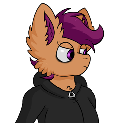 Size: 3072x3072 | Tagged: safe, artist:taeko, derpibooru exclusive, imported from derpibooru, scootaloo, anthro, pegasus, fanfic:rainbow factory, 2022, absentia, bags under eyes, cheek fluff, chest fluff, clothes, ear fluff, eyelashes, factory scootaloo, fanfic art, female, hoodie, looking offscreen, simple background, solo, teenager, transparent background