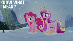 Size: 1280x720 | Tagged: safe, edit, edited screencap, editor:quoterific, imported from derpibooru, screencap, pinkie pie, princess cadance, alicorn, earth pony, pony, party pooped, crown, duo, duo female, female, grin, hoof shoes, jewelry, looking at each other, looking at someone, mare, regalia, smiling, snow, snowfall