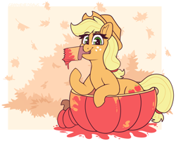 Size: 2550x2050 | Tagged: safe, artist:graphene, imported from derpibooru, part of a set, applejack, earth pony, pony, apple, cute, leaves, paint, pumpkin, solo, that pony sure does love apples