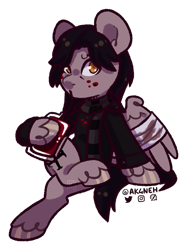 Size: 659x881 | Tagged: safe, artist:ak4neh, imported from derpibooru, pegasus, pony, undead, vampire, bandage, blood, clothes, commission, crossed legs, gerard way, halloween, holiday, jacket, leather, leather jacket, male, my chemical romance, ponified, scarf, signature, simple background, sitting, solo, stallion, transparent background, wings, ych result