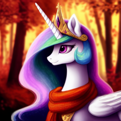 Size: 1024x1024 | Tagged: safe, alternate version, editor:dovakkins, imported from derpibooru, princess celestia, alicorn, pony, ai content, ai generated, autumn, beautiful, bust, clothes, cute, female, forest, forest background, generator:purplesmart.ai, generator:stable diffusion, jewelry, portrait, regalia, scarf, smiling, solo