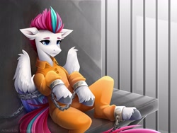 Size: 2560x1920 | Tagged: safe, artist:buvanybu, imported from derpibooru, zipp storm, pegasus, pony, bound wings, cell, chains, clothes, cuffs, female, g5, jail, jail cell, jumpsuit, mare, never doubt rainbowdash69's involvement, prison, prison outfit, sitting, solo, wings