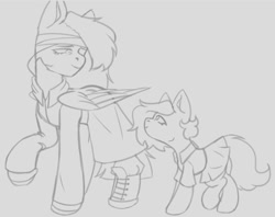 Size: 1063x841 | Tagged: safe, artist:tttips!, derpibooru exclusive, imported from derpibooru, oc, oc only, oc:vesta, pegasus, pony, bandage, clothes, female, foal, male, mare, monochrome, pegasus oc, pioneer, shirt, short hair, skirt, stallion, stalliongrad, uniform