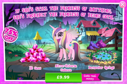 Size: 1964x1300 | Tagged: safe, idw, imported from derpibooru, screencap, princess cadance, alicorn, pony, advertisement, bush, chains, costs real money, crown, ear piercing, english, evil cadance, evil counterpart, eyeshadow, female, game screencap, gameloft, gem, goth, horn, idw showified, jewelry, lilypad, lock, makeup, mare, mirror universe, my little pony: magic princess, necklace, numbers, official, piercing, regalia, sale, solo, solo focus, spread wings, text, tree, water, wings