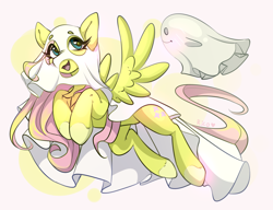 Size: 3470x2665 | Tagged: safe, artist:rico_chan, imported from derpibooru, fluttershy, ghost, pegasus, pony, clothes, costume, cute, flying, g4, ghost costume, halloween, halloween costume, happy, huevember, open mouth, open smile, shyabetes, sketch, smiling, solo