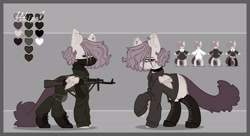 Size: 2560x1388 | Tagged: safe, artist:tttips!, derpibooru exclusive, imported from derpibooru, oc, oc only, oc:tttips!, pegasus, pony, ak-47, assault rifle, boots, choker, clothes, ear piercing, female, garter, gun, long tail, maid, maid headdress, mare, palette, pegasus oc, piercing, pink hair, reference sheet, rifle, shirt, shoes, simple background, tail, uniform, weapon, white shirt