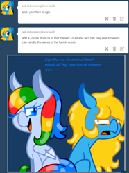 Size: 631x847 | Tagged: safe, artist:dack-janiels, imported from derpibooru, oc, oc:google chrome, oc:internet explorer, pony, ask internet explorer, browser ponies, google chrome, internet explorer