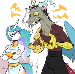 Size: 952x945 | Tagged: safe, artist:redxbacon, imported from derpibooru, discord, princess celestia, alicorn, anthro, draconequus, alternate design, boob window, bracer, breasts, celestia is not amused, chest fluff, cleavage, clothes, crossed arms, discord is not amused, dress, duo, ethereal mane, eye contact, eyeshadow, frown, frustrated, gritted teeth, looking at each other, looking at someone, makeup, narrowed eyes, partial nudity, peytral, side slit, simple background, sleeveless, sparkles, teeth, topless, unamused, white background