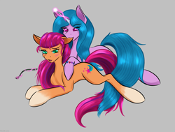 Size: 2555x1930 | Tagged: safe, artist:renarde-louve, imported from derpibooru, izzy moonbow, sunny starscout, earth pony, pony, unicorn, biting, ear bite, female, g5, izzyscout, lesbian, mare, shipping
