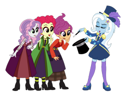 Size: 1430x1080 | Tagged: safe, artist:toxiccolour, imported from derpibooru, apple bloom, scootaloo, sweetie belle, trixie, human, equestria girls, alternate hairstyle, belt, boots, clothes, coat, commission, cosplay, costume, cutie mark crusaders, disney, dress, eyes closed, eyeshadow, female, halloween, halloween costume, hat, high heel boots, high heels, hocus pocus (film), holiday, lipstick, magic wand, magician, magician outfit, makeup, mary sanderson, older, older apple bloom, older cmc, older scootaloo, older sweetie belle, open mouth, sanderson sisters, sarah sanderson, shirt, shoes, simple background, skirt, socks, stockings, striped socks, thigh highs, top hat, transparent background, winifred sanderson, witch, witch costume, zettai ryouiki