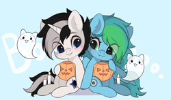 Size: 3000x1767 | Tagged: safe, artist:yomechka, imported from derpibooru, oc, oc only, ghost, pegasus, pony, undead, unicorn, candle, chibi, commission, duo, eye clipping through hair, horn, pegasus oc, pumpkin bucket, sitting, smiling, unicorn oc, ych result