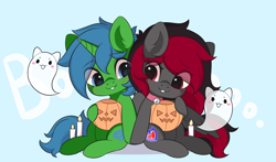Size: 3000x1767 | Tagged: safe, artist:yomechka, imported from derpibooru, oc, oc only, ghost, pegasus, pony, undead, unicorn, chibi, choker, commission, duo, eye clipping through hair, horn, pegasus oc, pumpkin bucket, sitting, smiling, unicorn oc, ych result