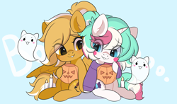 Size: 3000x1767 | Tagged: safe, artist:yomechka, imported from derpibooru, oc, oc only, ghost, pegasus, pony, undead, unicorn, blush sticker, blushing, candle, chibi, commission, duo, eye clipping through hair, horn, pegasus oc, pumpkin bucket, sitting, smiling, unicorn oc, ych result
