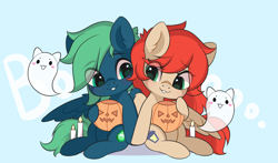 Size: 3000x1767 | Tagged: safe, artist:yomechka, imported from derpibooru, oc, oc only, ghost, pegasus, pony, undead, candle, chibi, commission, duo, eye clipping through hair, pegasus oc, pumpkin bucket, sitting, smiling, wings, ych result