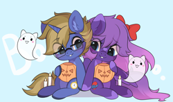 Size: 3000x1767 | Tagged: safe, artist:yomechka, imported from derpibooru, oc, oc only, ghost, pegasus, pony, undead, unicorn, bow, candle, chibi, colored hooves, commission, duo, eye clipping through hair, glasses, hair bow, horn, pegasus oc, pumpkin bucket, sitting, smiling, unicorn oc, ych result