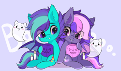 Size: 3000x1767 | Tagged: safe, artist:yomechka, imported from derpibooru, oc, oc only, bat pony, ghost, pony, undead, bat pony oc, bat wings, candle, chibi, commission, duo, eye clipping through hair, pumpkin bucket, sitting, smiling, wings, ych result