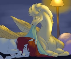 Size: 1280x1066 | Tagged: safe, artist:clouris, imported from derpibooru, oc, oc only, pegasus, pony, blanket, duo, lamp, lying down, open mouth, pegasus oc, prone, sleeping, wings