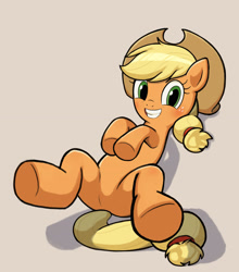 Size: 2618x2978 | Tagged: safe, artist:terzeebo, imported from derpibooru, applejack, earth pony, pony, butt, cute, eyelashes, featureless crotch, female, freckles, grin, hat, jackabetes, looking at you, lying down, mare, on back, plot, simple background, smiling, solo, underhoof