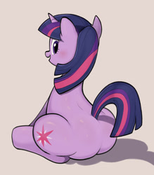 Size: 2800x3200 | Tagged: safe, artist:terzeebo, imported from derpibooru, twilight sparkle, pony, unicorn, butt, female, looking at you, looking back, looking back at you, mare, open mouth, open smile, plot, simple background, sitting, smiling, solo, twibutt, twilight has a big ass, unicorn twilight