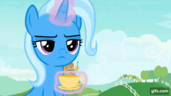 Size: 640x360 | Tagged: safe, imported from derpibooru, screencap, snips, trixie, pony, unicorn, student counsel, animated, drinking, female, food, gifs.com, glow, glowing horn, horn, magic, magic aura, mare, rule 63, solo, spoon, sugar, tea, telekinesis