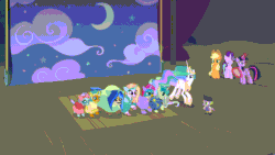 Size: 1920x1080 | Tagged: safe, imported from derpibooru, screencap, applejack, gallus, ocellus, princess celestia, sandbar, silverstream, smolder, spike, starlight glimmer, twilight sparkle, yona, alicorn, changedling, changeling, classical hippogriff, dragon, earth pony, griffon, hippogriff, pony, unicorn, yak, horse play, season 8, spoiler:s08, 1080p, animated, clothes, costume, dragoness, female, friendship student, gif, male, mare, oof, ouch, stallion, star swirl the bearded costume, student six, trapdoor, twilight sparkle (alicorn)