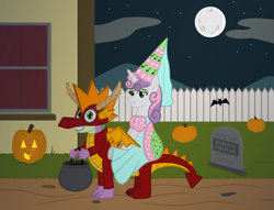 Size: 7077x5410 | Tagged: safe, artist:moonlight bloom, imported from derpibooru, spike, sweetie belle, dragon, pony, unicorn, .svg available, absurd resolution, clothes, cloud, costume, decoration, dragon costume, dragons riding ponies, dress, female, fence, filly, foal, full moon, gravestone, halloween, hat, hennin, holiday, house, implied rarity, jack-o-lantern, lidded eyes, looking at you, male, mlp fim's twelfth anniversary, moon, mountain, night, nightmare night, nightmare night costume, older, older spike, older sweetie belle, outdoors, ponies riding dragons, princess costume, pumpkin, quadsuit, riding, smiling, tape, teenage spike, teenage sweetie belle, teenager, vector, window