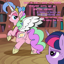 Size: 2500x2500 | Tagged: safe, artist:legendoflink, imported from derpibooru, pinkie pie, twilight sparkle, earth pony, pony, unicorn, alternate hairstyle, balloonbutt, butt, clothes, costume, dock, duo, fake cutie mark, fake horn, fake wings, female, golden oaks library, heart, heart eyes, implied princess celestia, lidded eyes, looking back, mare, plot, raised leg, sweat, tail, wingding eyes