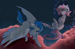 Size: 3000x1943 | Tagged: safe, artist:minty--fresh, imported from derpibooru, oc, oc:nimbus cloudington, pegasus, amputee, artificial wings, augmented, blue mane, cloud, ear fluff, ear piercing, piercing, pink mane, prosthetic limb, prosthetic wing, prosthetics, stripes, wings