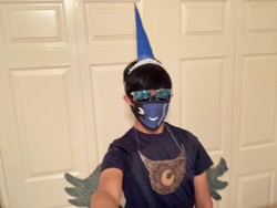 Size: 3088x2320 | Tagged: safe, imported from derpibooru, princess luna, alicorn, human, cardboard wings, clothes, cosplay, costume, cutie mark, diy, face mask, fake wings, g4, haters gonna hate, irl, irl human, jewelry, marker drawing, mask, meme, nightmare night, photo, rule 63, solo, string, tape, tiara, traditional art