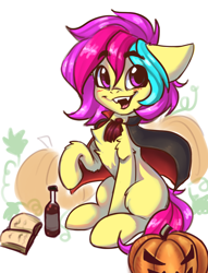Size: 1668x2188 | Tagged: safe, artist:falafeljake, imported from derpibooru, oc, oc only, oc:cuihua, book, bottle, chest fluff, halloween, holiday, jack-o-lantern, pumpkin, simple background, white background