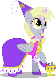 Size: 689x959 | Tagged: safe, alternate version, artist:niggerfaggot, imported from derpibooru, derpy hooves, pegasus, alternate hairstyle, bag, braid, braided pigtails, candy, candy bag, clothes, costume, derp, dress, fake horn, food, happy, nightmare night, nightmare night costume, pigtails, princess costume, simple background, solo, transparent background, wings