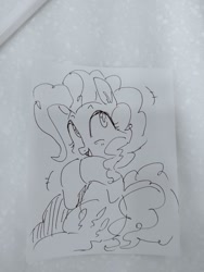 Size: 1536x2048 | Tagged: safe, artist:maren, imported from derpibooru, pinkie pie, earth pony, pony, doodle, female, hooves together, mare, open mouth, sitting, smiling, solo, traditional art