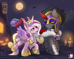 Size: 1875x1500 | Tagged: safe, imported from derpibooru, king sombra, shining armor, oc, oc:coloured glaze rose, bat pony, pony, unicorn, candle, candy, canon x oc, clothes, cosplay, costume, crystal heart, duo, duo male, fake cutie mark, fake horn, fake wings, food, gay, halloween, halloween costume, helmet, holiday, magic, male, moon, nightmare night, pumpkin, shipping, sombrose, stallion