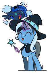 Size: 1350x1800 | Tagged: safe, artist:flutterluv, imported from derpibooru, princess luna, trixie, alicorn, pony, unicorn, blob pony, duo, magic, simple background, tongue out, transparent background, wand