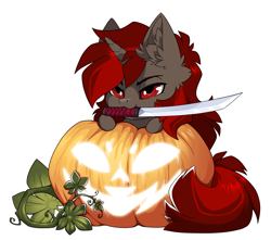 Size: 1500x1328 | Tagged: safe, alternate version, artist:arctic-fox, imported from derpibooru, part of a set, oc, oc only, pony, unicorn, alternate character, commission, mouth hold, pumpkin, simple background, solo, sword, transparent background, weapon, ych result