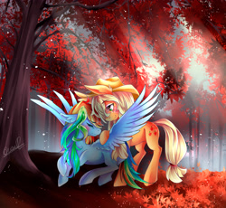 Size: 4589x4214 | Tagged: safe, artist:evanrank, imported from derpibooru, applejack, rainbow dash, earth pony, pegasus, pony, absurd resolution, appledash, autumn, blushing, duo, duo female, eyes closed, female, forest, leaves, lesbian, mare, shipping, smiling, spread wings, tree, wings