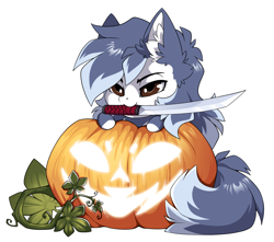 Size: 2072x1828 | Tagged: safe, alternate version, artist:arctic-fox, imported from derpibooru, part of a set, oc, oc only, oc:ash wing, earth pony, pony, alternate character, commission, mouth hold, pumpkin, simple background, solo, sword, transparent background, weapon, ych result