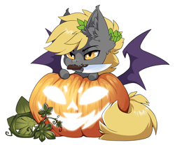 Size: 1500x1246 | Tagged: safe, alternate version, artist:arctic-fox, imported from derpibooru, part of a set, oc, oc only, oc:night striker, bat pony, pony, alternate character, bat pony oc, bat wings, commission, knife, mouth hold, pumpkin, simple background, solo, transparent background, wings, ych result