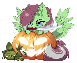 Size: 1500x1239 | Tagged: safe, alternate version, artist:arctic-fox, imported from derpibooru, part of a set, oc, oc only, oc:watermelon success, pegasus, pony, alternate character, commission, mouth hold, pumpkin, simple background, solo, sword, transparent background, weapon, ych result