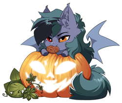 Size: 1500x1267 | Tagged: safe, alternate version, artist:arctic-fox, imported from derpibooru, part of a set, oc, oc only, oc:scrimmy, bat pony, pony, alternate character, commission, cookie, food, mouth hold, pumpkin, simple background, solo, transparent background, ych result