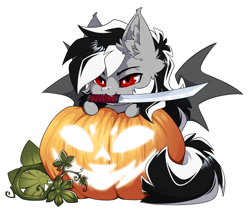 Size: 1500x1265 | Tagged: safe, alternate version, artist:arctic-fox, imported from derpibooru, part of a set, oc, oc only, oc:stormdancer, bat pony, pony, alternate character, commission, mouth hold, pumpkin, simple background, solo, sword, transparent background, weapon, ych result