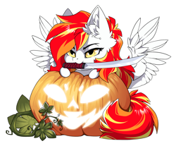 Size: 1500x1239 | Tagged: safe, alternate version, artist:arctic-fox, imported from derpibooru, part of a set, oc, oc only, oc:diamond sun, pegasus, pony, alternate character, commission, katana, mouth hold, pumpkin, simple background, solo, sword, transparent background, weapon, ych result