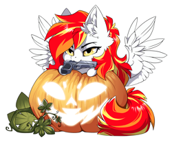 Size: 1500x1239 | Tagged: safe, alternate version, artist:arctic-fox, imported from derpibooru, part of a set, oc, oc only, oc:diamond sun, pegasus, pony, alternate character, commission, gun, mouth hold, pumpkin, simple background, solo, transparent background, weapon, ych result