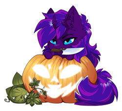 Size: 1500x1356 | Tagged: safe, alternate version, artist:arctic-fox, imported from derpibooru, part of a set, oc, oc only, oc:tihan, pony, unicorn, alternate character, commission, knife, mouth hold, pumpkin, simple background, solo, transparent background, ych result