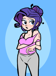 Size: 681x917 | Tagged: safe, artist:smirk, imported from derpibooru, rarity, human, arm under breasts, clothes, eyeshadow, female, hair bun, humanized, makeup, pants, solo, sweatpants