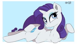 Size: 750x443 | Tagged: safe, artist:bunbunmuffins, imported from derpibooru, rarity, pony, unicorn, blue background, chest fluff, draw me like one of your french girls, female, fluffy, looking at you, mare, simple background, solo, sultry pose