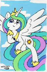 Size: 1159x1772 | Tagged: safe, artist:taurson, imported from derpibooru, princess celestia, alicorn, pony, acrylic painting, canvas, commission, flying, horn, jewelry, looking at you, regalia, sky, solo, traditional art, wings